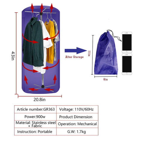 Dimensions and features of Portable Travel Clothes Dryer 900W Compact Electric Dryer For Apartments, Foldable And Lightweight