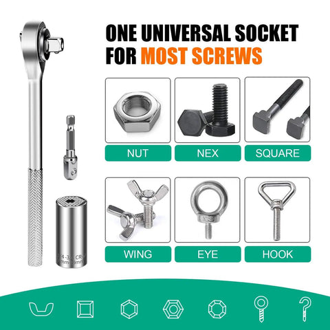 Three Piece Universal Socket Wrench Set With Ratchet And Drill Adapters with various screw types displayed