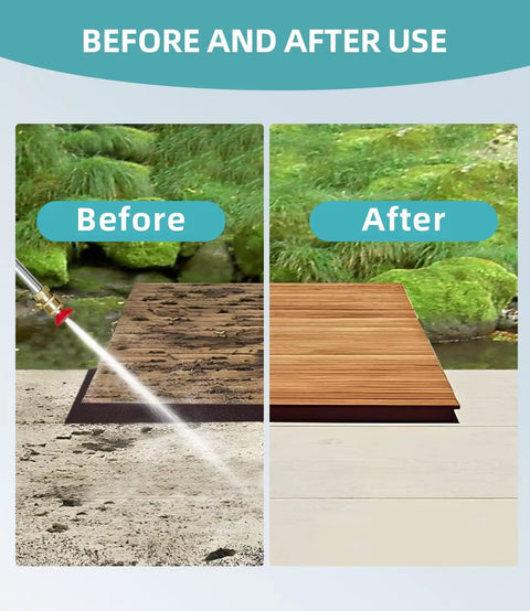 Power Washer Jet Nozzle Wand With Hydro Jet High Pressure Sprayer Tool cleaning outdoor wood surface before and after use