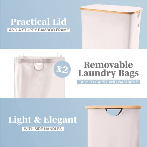 Double 40 Gallon Laundry Basket With Lid Breathable Fabric Hamper With Side Handles And Heavy Duty Sturdy Bamboo Frame Beige Spacious Laundry Organizer For Home Laundry Room Or Closet showing lid, removable bags, and handles