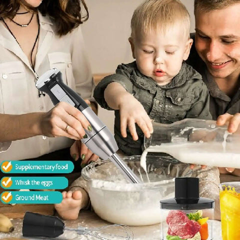 Straight Up Heavy Duty 400W Immersion Hand Blender With Tough Stainless Steel Blades blending ingredients in bowl with family.