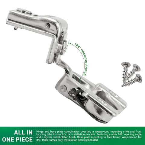 Premium USA Made Grass TEC 864 Overlay Self Closing Cabinet Hinges Built To Last One And A Quarter Inch Face Frame 108 Degree 3 Way Adjustment 45 Millimeter Screw Hole Pattern 2 Pack displayed with screws