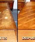 Before and after comparison showing restored wood table using Straight Up The Ultimate Wood Finish Restorer, 8 Oz Bottle.