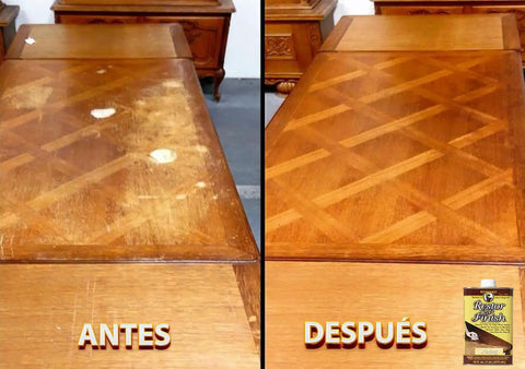 Before and after comparison showing restored wood table using Straight Up The Ultimate Wood Finish Restorer, 8 Oz Bottle.