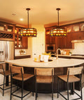 Kitchen island with two 5 Light Metal Drum Chandeliers With Wood Grain Shade, black metal frame, 9 in high, E26 base.