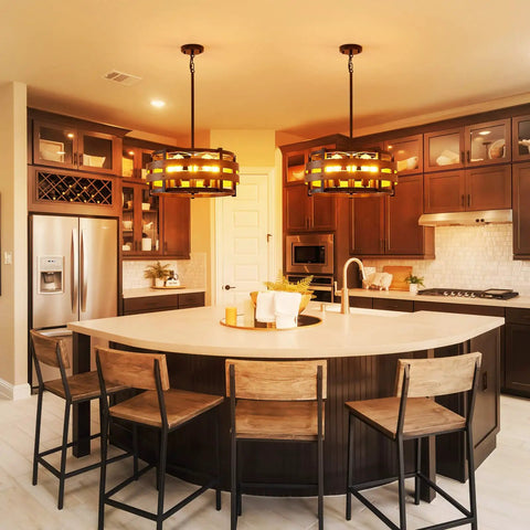 Kitchen island with two 5 Light Metal Drum Chandeliers With Wood Grain Shade, black metal frame, 9 in high, E26 base.