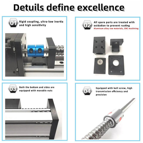 4 Inch Stroke Linear Stage With 1605 Ballscrew And Mini Single Linear Guide Rail, features and parts composition details.