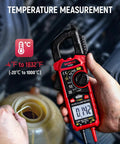 Pro Grade True RMS Clamp Meter Multimeter with D Shaped Jaw measuring temperature in automotive engine bay