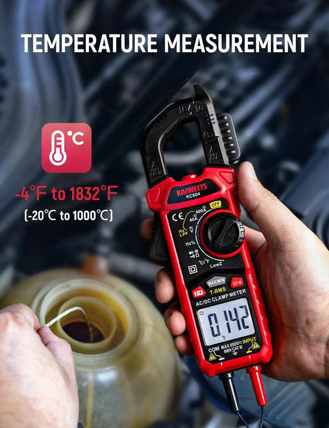 Pro Grade True RMS Clamp Meter Multimeter with D Shaped Jaw measuring temperature in automotive engine bay