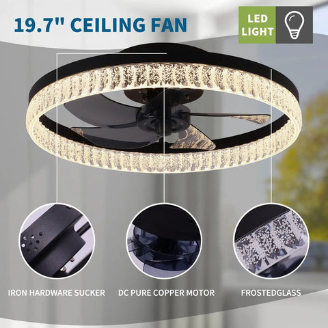 Bladeless Ceiling Fan With Lights Remote Control, Dimmable LED, 6 Speeds, Reversible Blades, 19.7 inch black design with frosted glass detail.