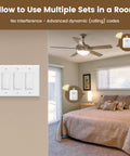 Dope Three Way Wireless Light Switch Kit with remote receiver shown in bedroom setting, no wiring needed, 15A RF wall switch