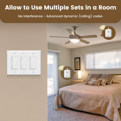 Dope Three Way Wireless Light Switch Kit with remote receiver shown in bedroom setting, no wiring needed, 15A RF wall switch