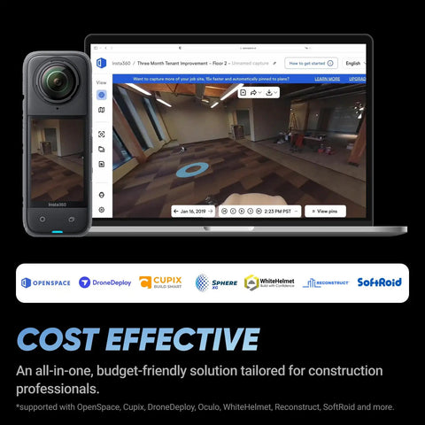 Next Level 360 Camera Construction Bundle featuring Straight Fire 8K Video and Sharp 72Mp Photos on display with software.