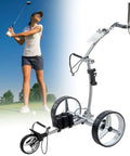 Easy Roll Electric Golf Push Cart Three Wheel Heavy Lifter Tailgate Ready with compact design and remote on a golf course.
