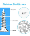 Close-up of sharp end, clear texture, and flat head of screws from All In One Stainless Steel L Bracket Set With 80 Screws For Furniture Shelves