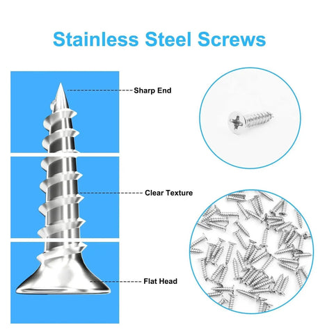 Close-up of sharp end, clear texture, and flat head of screws from All In One Stainless Steel L Bracket Set With 80 Screws For Furniture Shelves