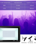 Diagram showing specifications of Two Pack 100W LED Black Light Flood Lights with Plug and Switch IP66 Waterproof Neon Glow for parties