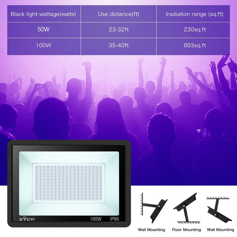 Diagram showing specifications of Two Pack 100W LED Black Light Flood Lights with Plug and Switch IP66 Waterproof Neon Glow for parties