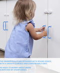 Child holding 4 Pack Blue Aluminum Cabinet Pulls With 3.78 Inch Hole Centers 96mm And 4.49 Inch Length 114mm on cabinet doors
