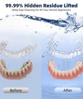 Powerful 45kHz Ultrasonic Cleaner For Dentures, Aligners, And Mouth Guards With UV Sanitizer showing before and after cleaning results.