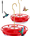 Two Pack 16oz Leak Proof Dish Style Hummingbird Nectar Feeder With Built In Ant Moat Five Feeding Ports Wide Mouth For Easy Clean BPA Free Outdoor Garden Decor Gift, side view with birds feeding.