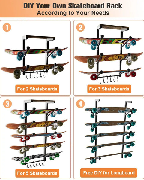 Premium Quality Rad And Heavy Duty Skateboard Wall Mount Rack Featuring Five Tier Deck Storage Shelves And Hella Bottom Hooks For Helmets Pads Backpack Shoes Bags for 2, 3, 5 skateboards.