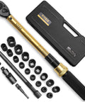 Twenty Two Piece Torque Wrench Set Half Inch Drive Ten To One Hundred Eighty Foot Pounds And Thirteen Point Six To Two Hundred Forty Four Point One Nm Includes Impact Sockets Seventy Two Tooth Quick Release Ratchet And Click Torque For DIY Car Repair with case and sockets visible.