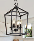 Four Light Black Farmhouse Pendant Lantern Cage Hanging Light Fixture Industrial Rustic Geometric Kitchen Island Lighting