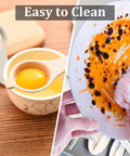 Left: Egg in a separator over bowl; Right: Dish being cleaned, showcasing easy cleaning features of kitchen utensils.