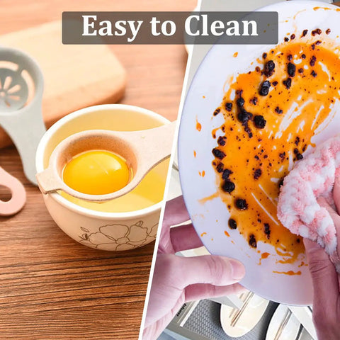 Left: Egg in a separator over bowl; Right: Dish being cleaned, showcasing easy cleaning features of kitchen utensils.