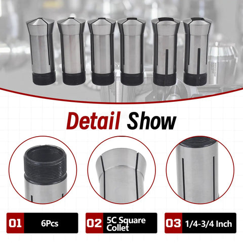 Detail view of 5C Square Collet Set 6 Piece 1/4 To 3/4 Inch Fits Lathe Machining and Turning with individual packaging