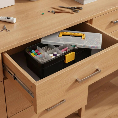 Straight Up Small Parts Organizer Bin With Stay Put Hinged Lid For Desk And Workspace Quick One Handed Access keeps crafts organized in drawer.