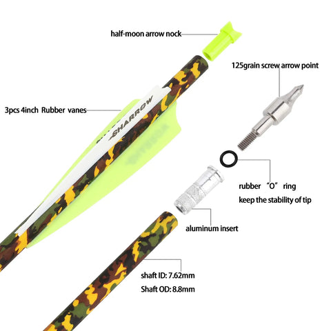 Carbon Crossbow Bolts Set 16 17 18 20 22 Inch With Removable 125 Grain Tips Camouflage Shafts For Hunting And Target Practice