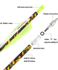 Detailed view of a 12 Pack 20 Inch Carbon Crossbow Bolts With Camouflage Shafts And 125 Grain Removable Tips and components.