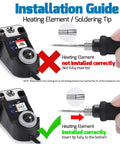 Installation guide for Micro Soldering Kit With 5 C210 Tips showing correct and incorrect soldering tip placement