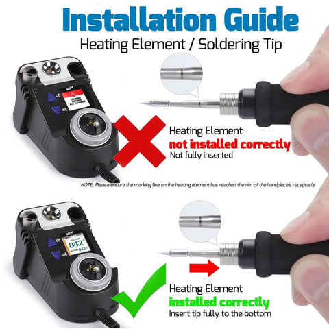 Installation guide for Micro Soldering Kit With 5 C210 Tips showing correct and incorrect soldering tip placement