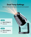 Dual Temp 350W Heat Gun For Resin And DIY Crafting With 3 Nozzles showing 482 to 662 Fahrenheit settings, dual temp feature