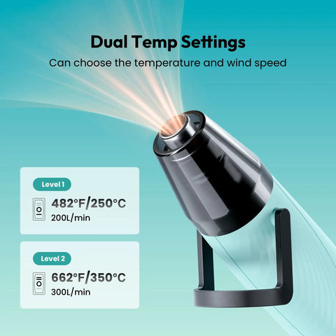 Dual Temp 350W Heat Gun For Resin And DIY Crafting With 3 Nozzles showing 482 to 662 Fahrenheit settings, dual temp feature