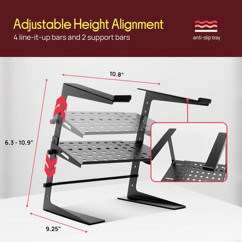 Adjustable DJ Laptop Stand With Two Tier Storage Shelf For Laptops, CD Players, DJ Controllers, four height levels shown