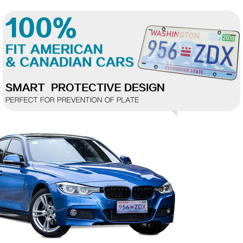Blue car with Crystal Clear License Plate Cover Set With Unbreakable Frame Street Legal And See Through For Real Fits Any Standard US Plates Includes Screws 2 Sets Durable License Plate Protector, Washington plate visible.