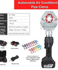 Electric Rechargeable Hydraulic Crimping Pliers EP-7842 features, dimensions, and accessories for automotive AC pipe clamping.