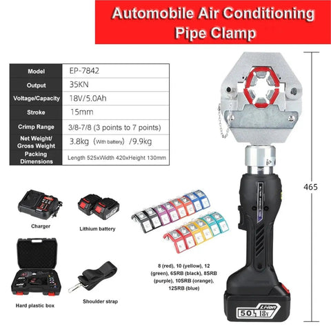 Electric Rechargeable Hydraulic Crimping Pliers EP-7842 features, dimensions, and accessories for automotive AC pipe clamping.