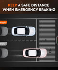 Diagram showing safe distance during emergency braking with a highlighted sedan, pedestrian crosswalk, and traffic light.