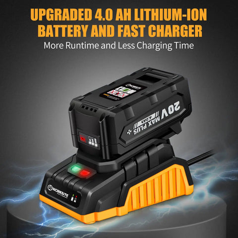 20V battery and charger for cordless half inch impact wrench with 370 foot pounds max torque 0 to 2000 RPM variable speed 4Ah battery.