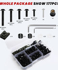 177 Pcs Motorcycle Fairing Bolt Kit For Sportbike Fans Universal Fit M5 M6 Stainless Steel Screws Fasteners Clips With 5mm And 6mm Allen Wrenches Compatible With Kawasaki Suzuki Honda Yamaha BMW Ducati GSXR Black AEEAST displayed in packaging.