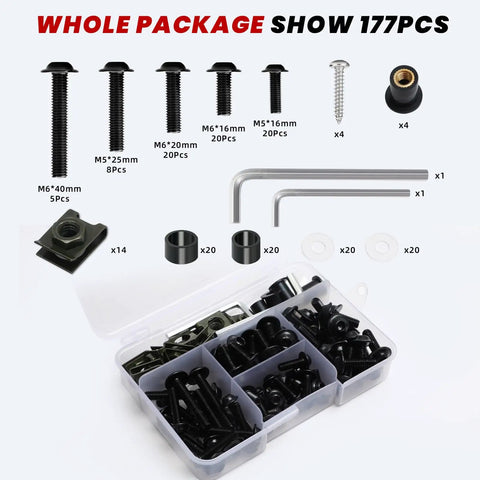 177 Pcs Motorcycle Fairing Bolt Kit For Sportbike Fans Universal Fit M5 M6 Stainless Steel Screws Fasteners Clips With 5mm And 6mm Allen Wrenches Compatible With Kawasaki Suzuki Honda Yamaha BMW Ducati GSXR Black AEEAST displayed in packaging.