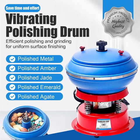 Electric Jewelry Polisher Vibrating Tumbler with blue drum for small parts, including polished stones and metals, home workshop use