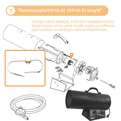 Propane heater thermocouple, 18-inch copper with brass fittings; exploded-view illustration