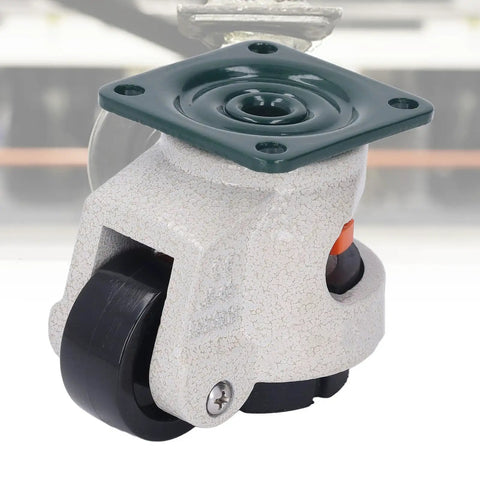 Heavy Duty Leveling Casters With Height Adjustable Pads And Smooth Rolling Wheels For Workbenches And Cabinets That Are Built Like A Tank And Handle Serious Weight Without Breaking A Sweat, close-up view of caster.