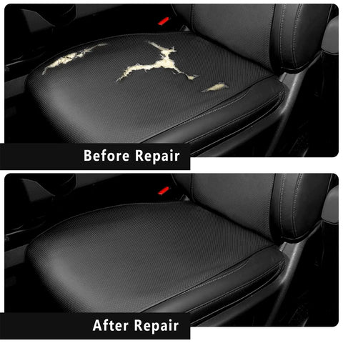 Before and after use of Leather Repair Patch Self Adhesive Breathable Perforated Faux Leather Patch For Furniture Cars Seats Office Chairs And Sofas Black 7.8x11.8 Inch Easy Fix For Worn Spots And Tears showing restored car seat surface.